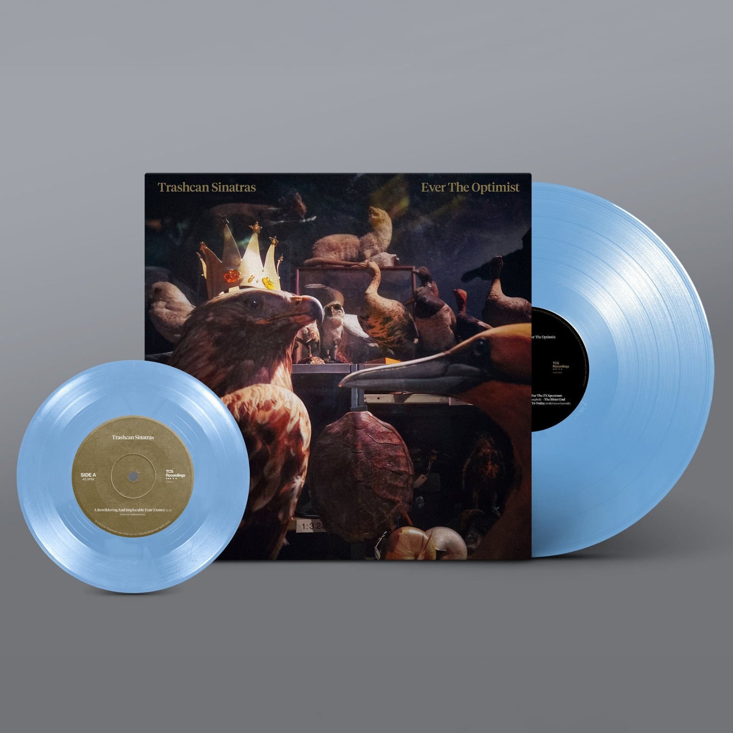 Vinyl record with a blue disc and cover on a gray background